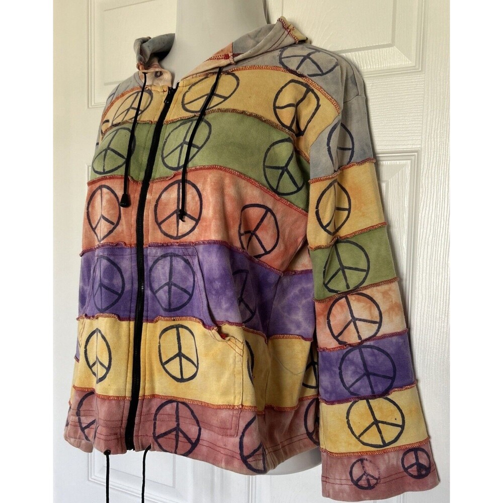 Vintage Kathmandu  Women's Size L Peace Sign Patchwork Colorful Hoodie Jacket